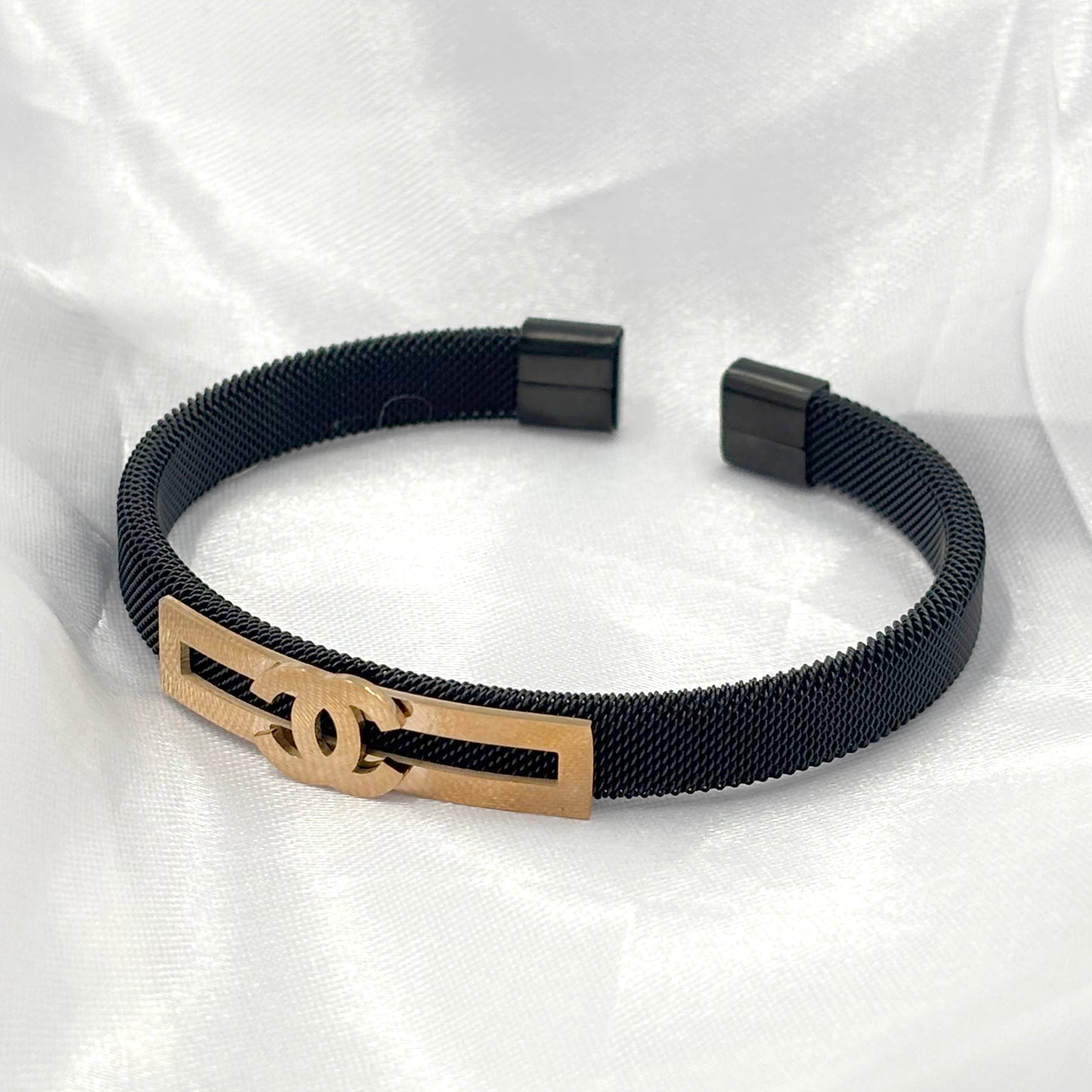 Black Mesh Bracelet with Gold-Tone Accent