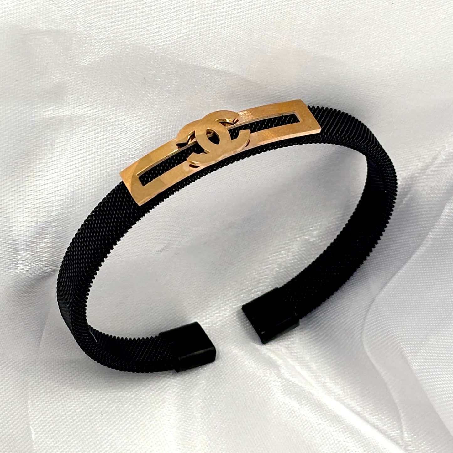 Black Mesh Bracelet with Gold-Tone Accent