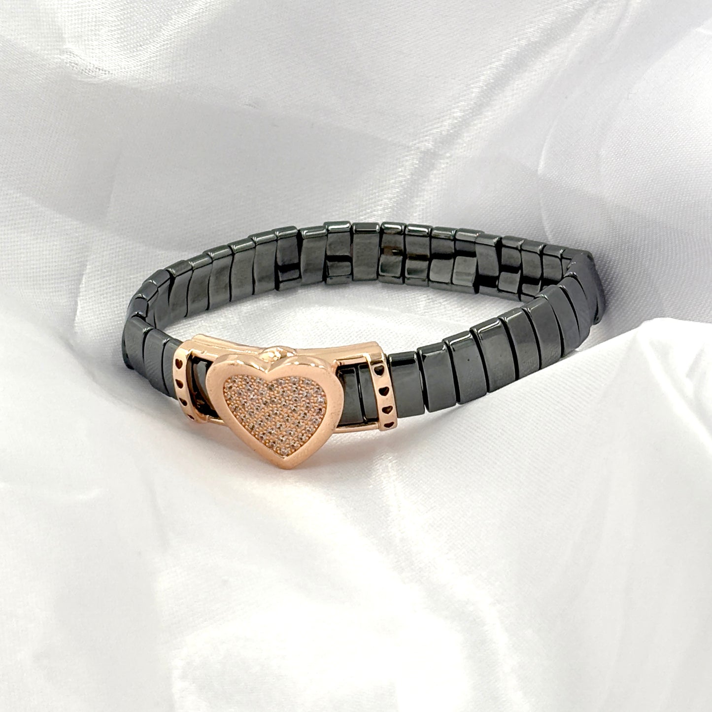 Black Hematite Stretch Bracelet with Rose Gold Heart Charm
