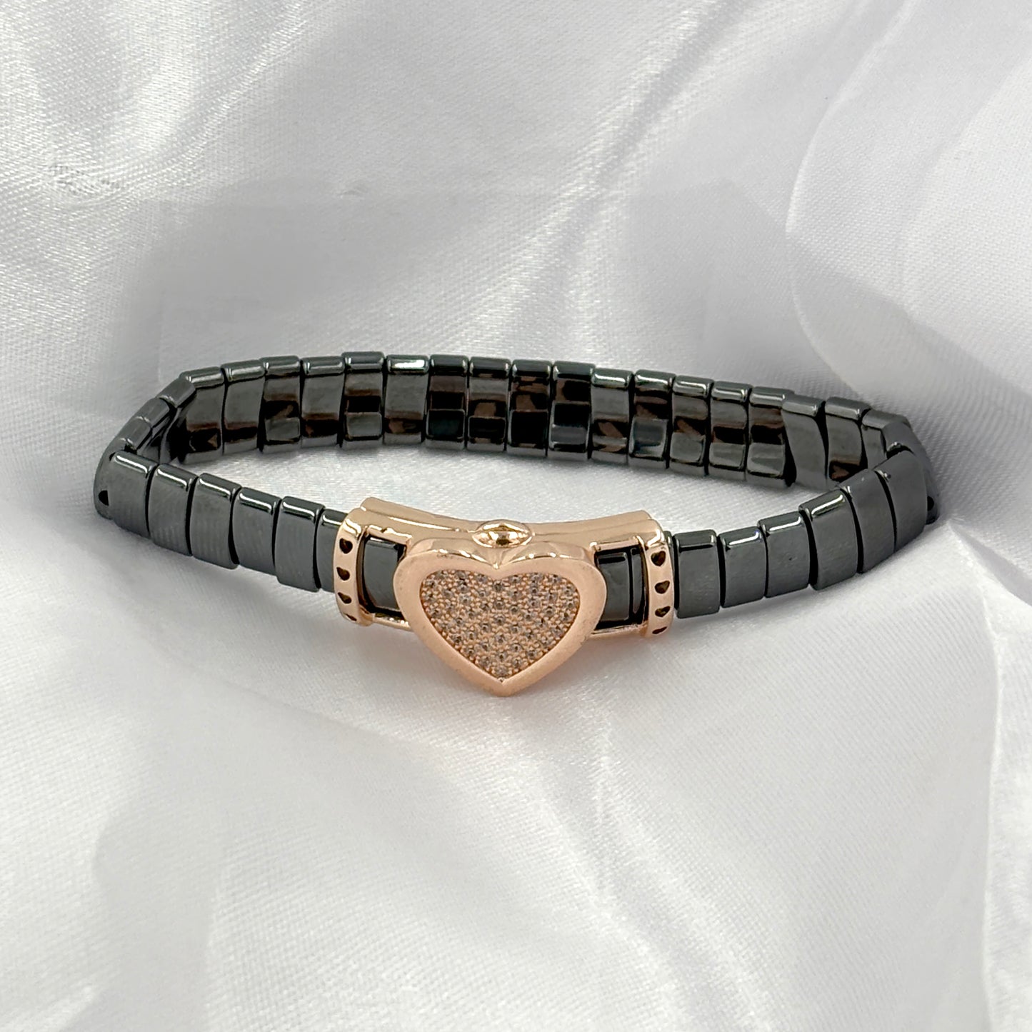 Black Hematite Stretch Bracelet with Rose Gold Heart Charm