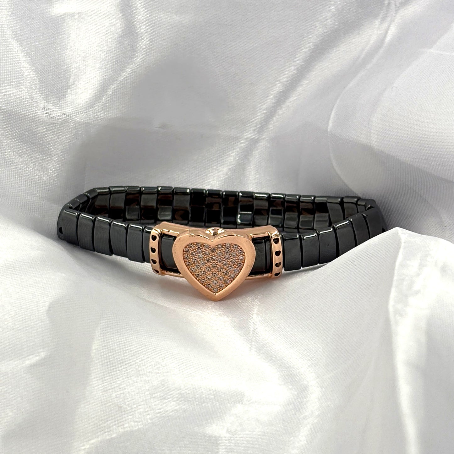 Black Hematite Stretch Bracelet with Rose Gold Heart Charm