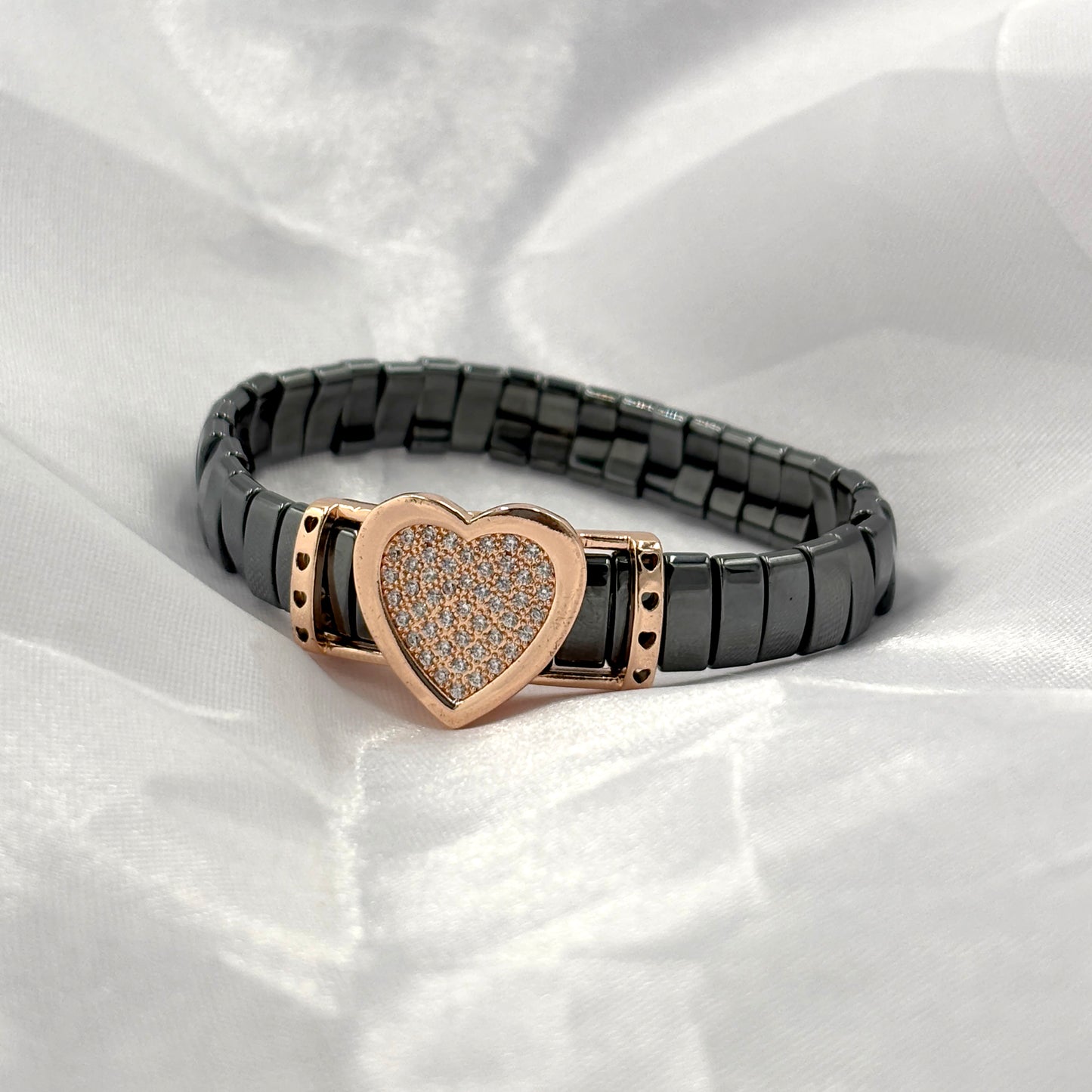 Black Hematite Stretch Bracelet with Rose Gold Heart Charm