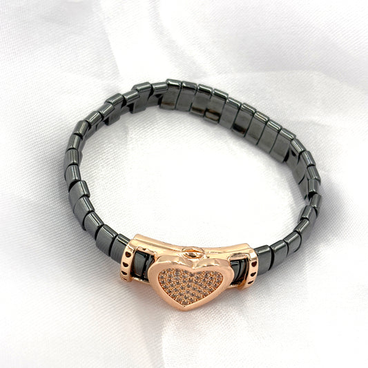 Black Hematite Stretch Bracelet with Rose Gold Heart Charm